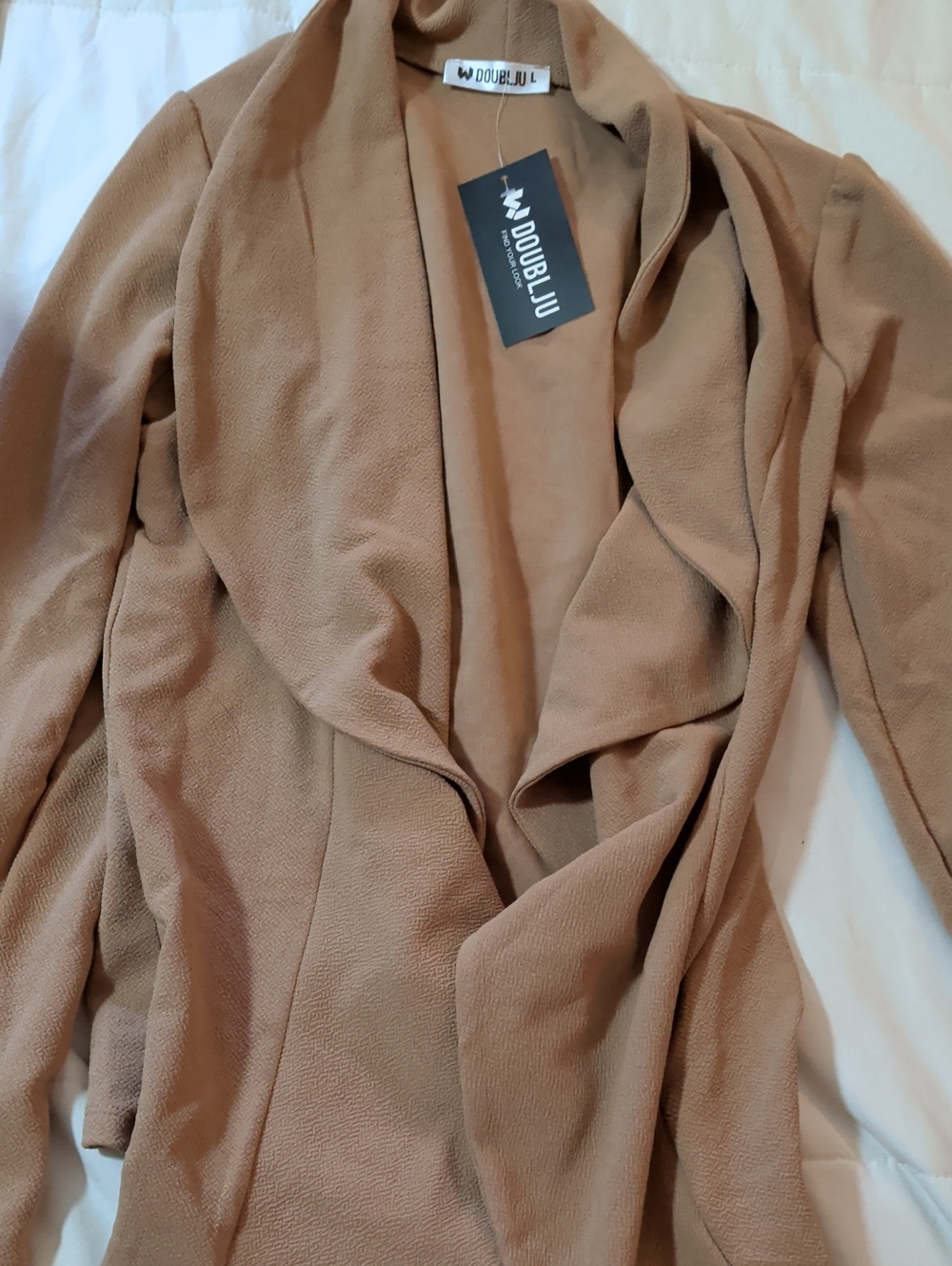 Doublju Women’s Draped Open Front Trench Coat in Camel Brown